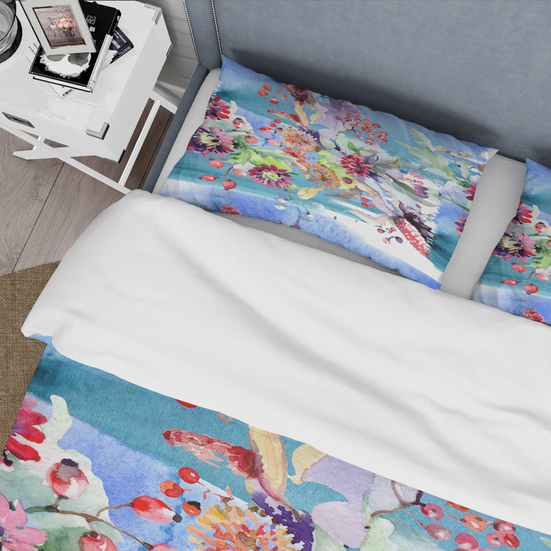 «Vibrant Wild Spring Leaves and Wildflowers» - Ensemble de housse de couette moderne - Polyester en microfibre