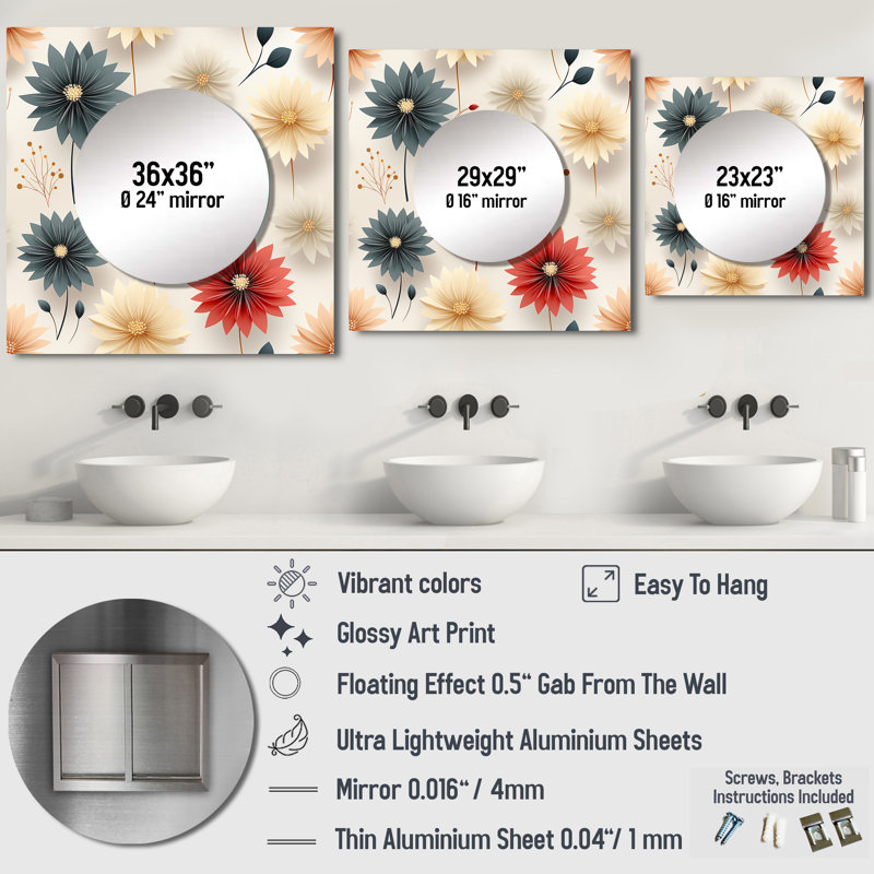 Motif d'œillets de fleurs de mandalas - miroir carré floral pour décoration murale, 29 po x 29 po