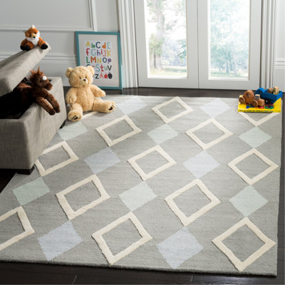 Tapis gris en laine touffeté à la main à motif géométrique Krystyna