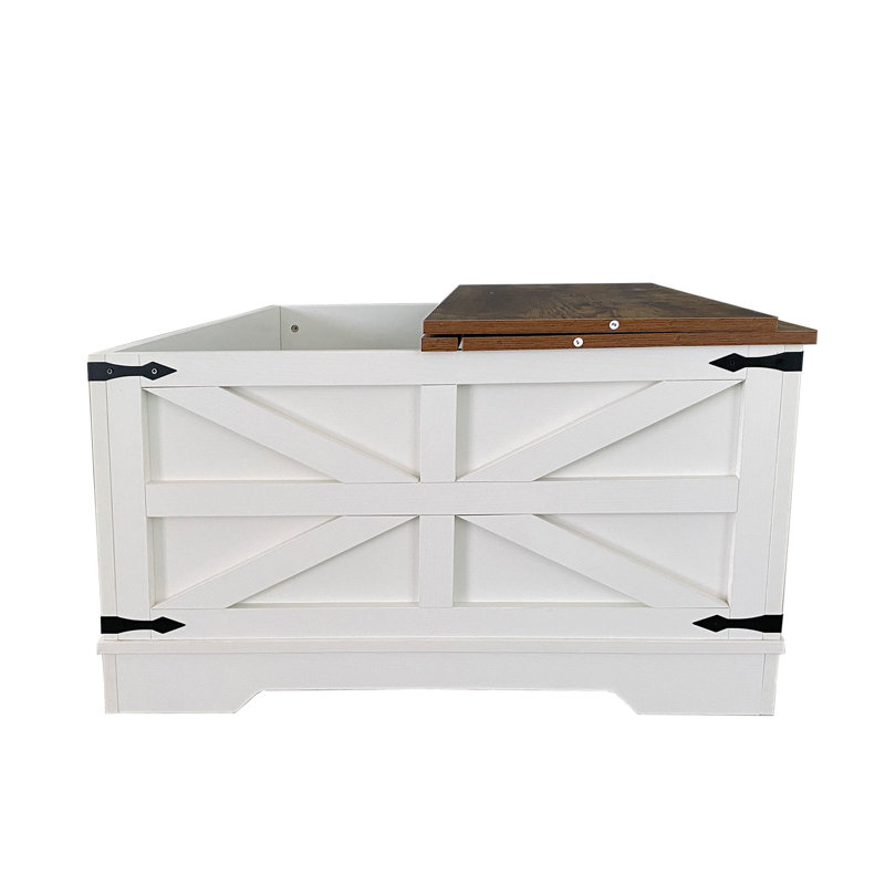 Table basse de rangement carrée avec plateau relevable Dahlquist Farmhouse, Blanc