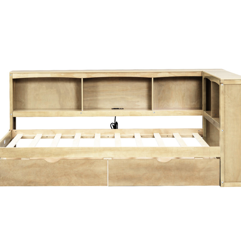 Lit de jour simple avec prises et rangement - Bois massif pour un lit stable et fonctionnel avec deux tiroirs et une capacité de charge accrue dans la finition