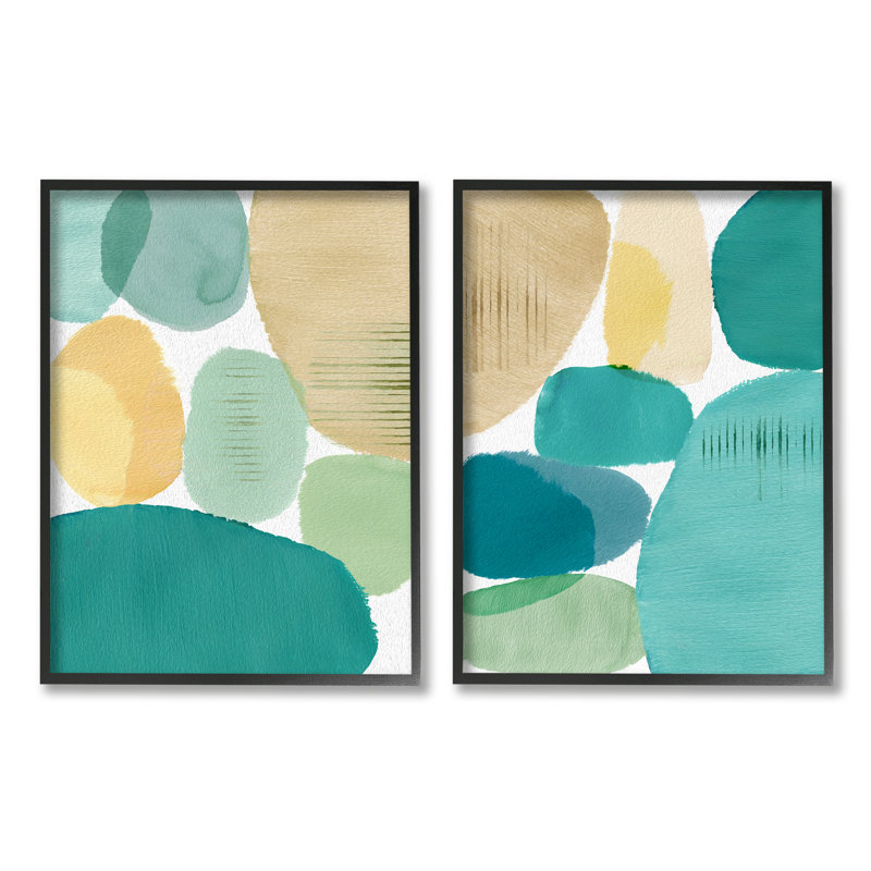 Abstrait géométrique vert 2 pièces, H 20 po x l 32 po x P 1,5 po, Giclée encadrée noir minuit