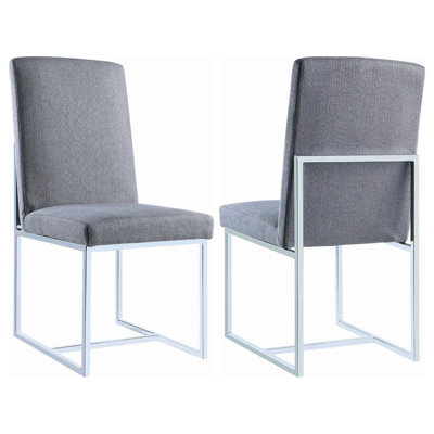 Sleek Grey Upholstered Dining Chairs With Cubic Metal Base, Set Of 2 For Modern And Comfortable Seating