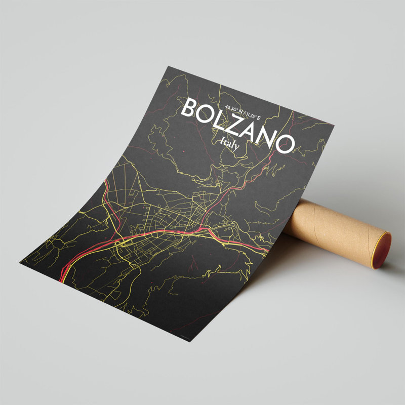 «Bolzano City Map», impression, H 24 po x l 18 po x P 0,05 po, Noir / rouge / jaune
