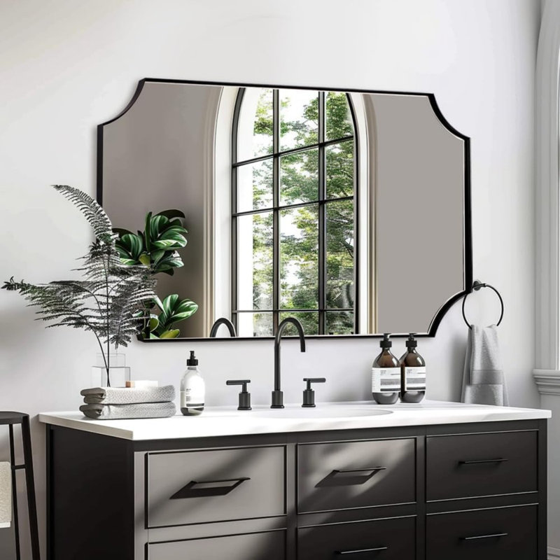 Miroir de salle de bain Tariro Cadre en acier inoxydable, 48 po x 30 po, Noir mat