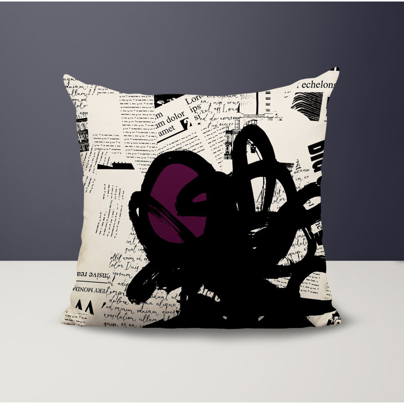 Coussin Cena, H 19 po x l 19 po, Mauve / noir / blanc cassé abstrait