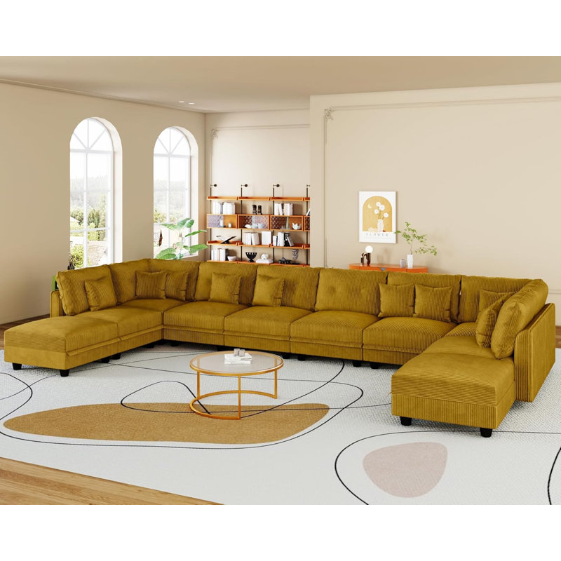 Degennaro 10 Seat Corduroy Convertible Modular Sectional Sofa With Storage, Yellow Corduroy