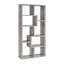 Bibliothèque géométrique avec finition en bois de grève gris, sept tablettes asymétriques pour un rangement pratique, profil vertical élégant