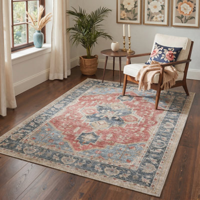 Abdullah Vintage Floral Machine Washable Blue / Red Indoor Area Rug with Non-Slip Backing