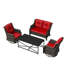 Ensemble de patio extérieur en osier pour 4 personnes avec causeuse, chaises, table basse noire et coussin rouge-1636650330