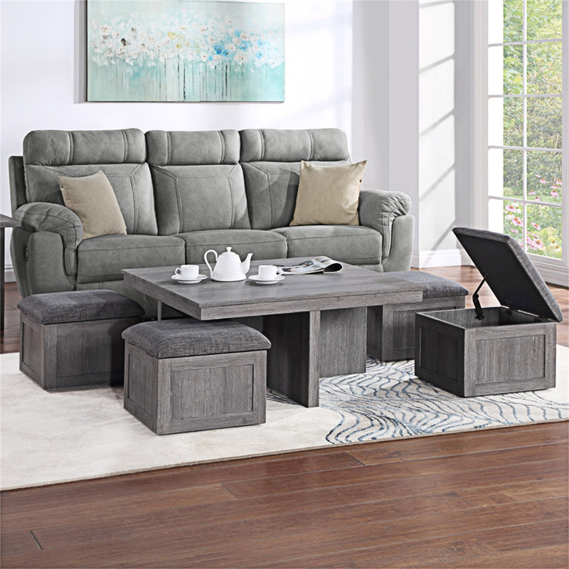 Table basse avec tabourets de rangement, Gris clair