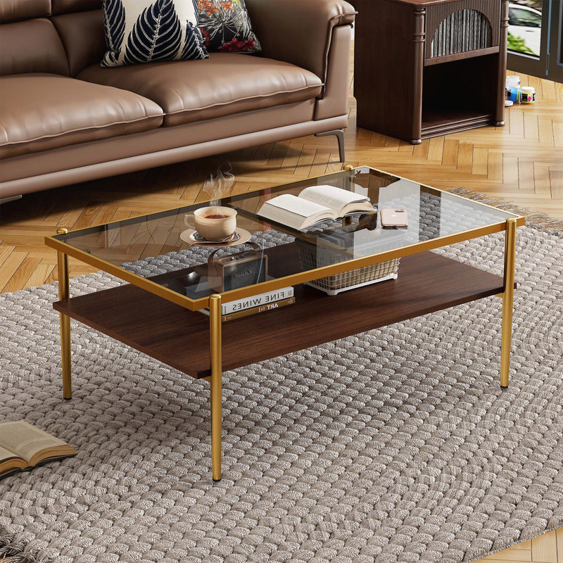 Table basse rectangulaire avec plateau en verre trempé gris et pieds dorés - 38,39 po, Doré