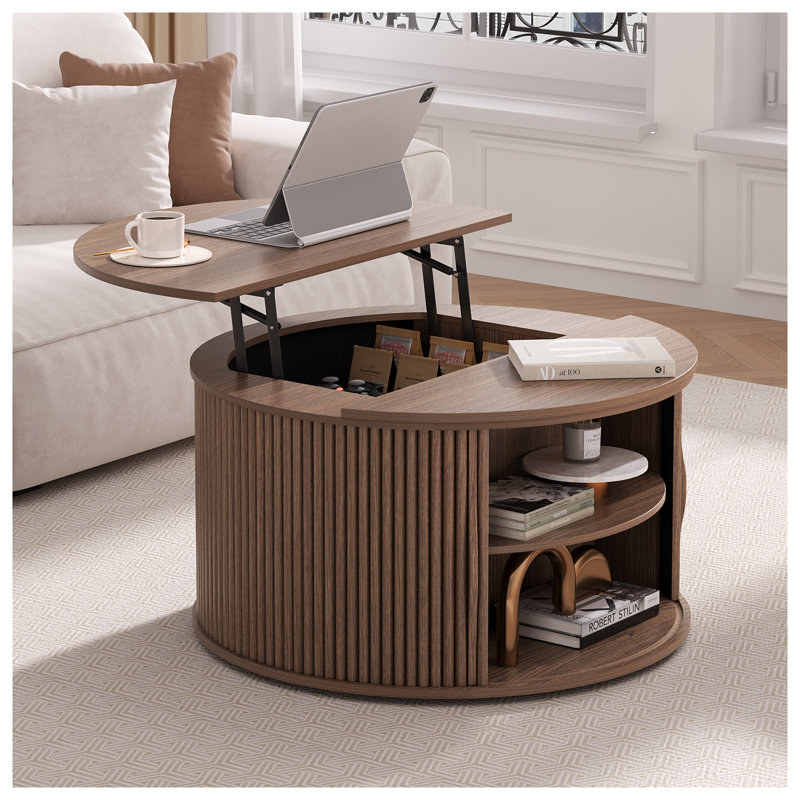 Table basse ronde avec plateau relevable, table basse à plateau relevable 31,5 po avec compartiment caché, noyer, Noyer