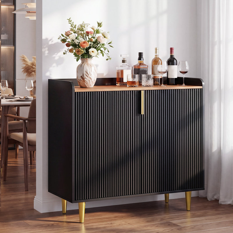  Bar Cabinet With Wine Rack, Glass Holder And Storage Drawer, Kitchen Buffet Sideboard With 2 Fluted Doors, Accent Cabinet For Living Room Dining Room