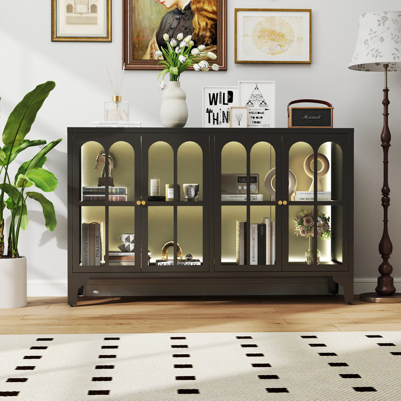 53.2" W Metal Sideboard Buffet Cabinet With Glass Door, Adjustable Shelves, COB LED Light, Black