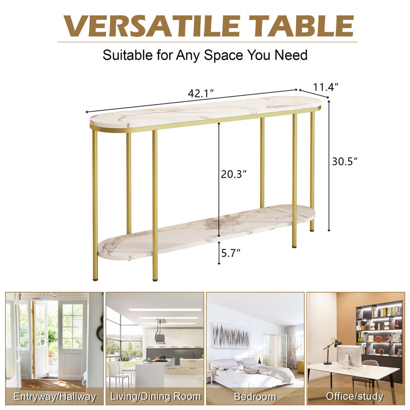 42" 2-Tier Faux Marble Console Table, Narrow Entryway Sofa Table with Metal Frame for Small Spaces, Gold