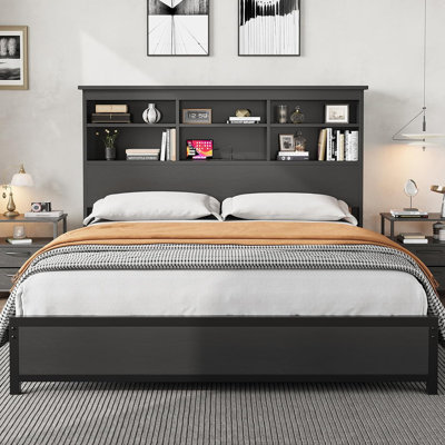 Structure de grand lit avec tête de lit bibliothèque à 2 niveaux et station de charge - plateforme en bois robuste, ports USB et Type-C, grand espace de rangement sous le lit, lattes en métal robustes, aucun sommier nécessaire - noir