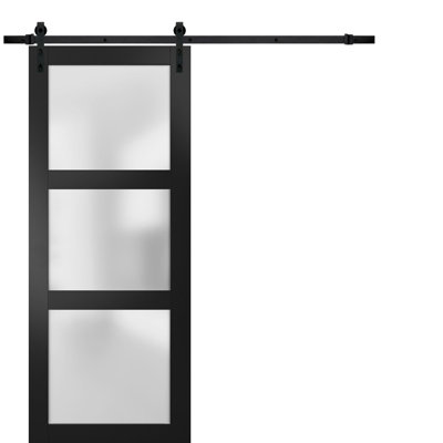 Porte de grange robuste en verre dépoli Lucia 2552, rail noir mat de 2 m (6,6 pi), quincaillerie lourde, porte intérieure à panneau plein de 71 cm x 203 cm (28 po x 80 po), rail noir