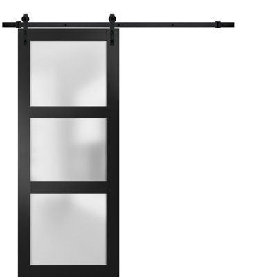 Porte de grange robuste en verre dépoli Lucia 2552, rail noir mat de 2 m (6,6 pi), quincaillerie robuste, porte intérieure à panneau plein - 107 cm x 244 cm (42 po x 96 po) - Rail noir