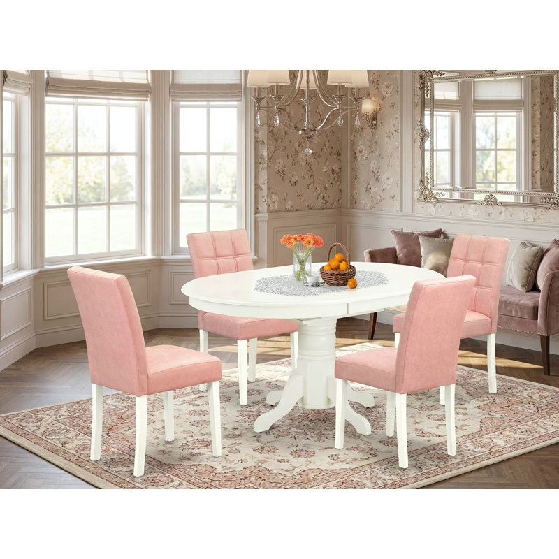 L'ensemble de table de cuisine 5 pièces comprend une table en bois et 4 chaises de salle à manger rembourrées en tissu de polyester rouge beige avec dossier élégant - finition lin blanc