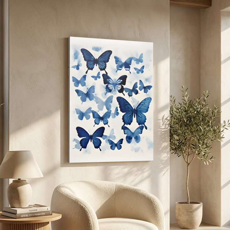 Papillons bleus à l'aquarelle - Impression d'art mural papillon sur toile tendue sur châssis, 91,4 cm (H) x 61 cm (L), prête à être accrochée pour la salle de bain