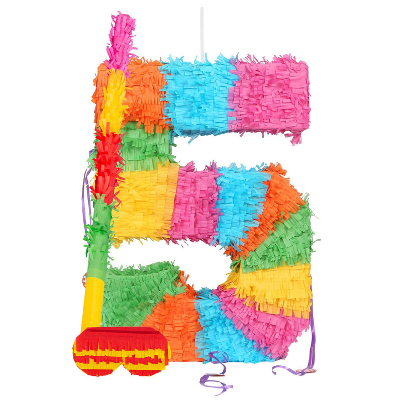 Fax Potato - Pinatas Number 5 Cardboard Pinata, Stick and Blindfold Set - W35cm x D7.5cm x H50cm - Multi