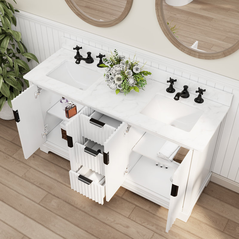 Meuble-lavabo double Barnhart 60 po entièrement assemblé avec comptoir en pierre reconstituée, lavabo en céramique, tiroirs encastrés à fermeture amortie et charnières de porte à fermeture amortie, dosseret inclus