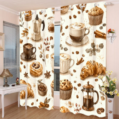 2 PCS avec œillets, café rétro, boulangerie, rideaux imprimés, rideaux d'isolation occultant et isolant thermique avec protection de la vie privée, panneaux de fenêtre intérieurs pour cuisine, salon, chambre à coucher, décoration intérieure