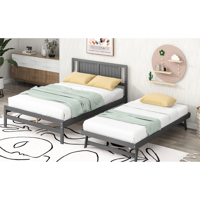 Lit plateforme gris avec lit gigogne réglable - Taille régulée en bois de pin, Gris