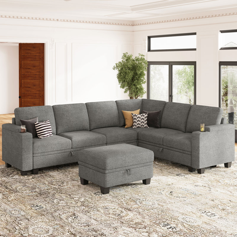 Januelle Chenille 103.8'' L-Shaped Storage Sofa Livingroom Sectional Modular Couch With Ottoman, Light Gray Chenille