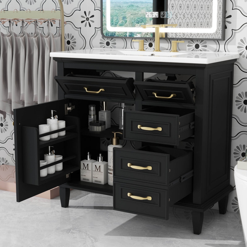 Meuble-lavabo 36 po avec lavabo, meuble-lavabo simple 36 po, meuble-lavabo 36 avec comptoir, 2 tiroirs rabattables, tablette réglable