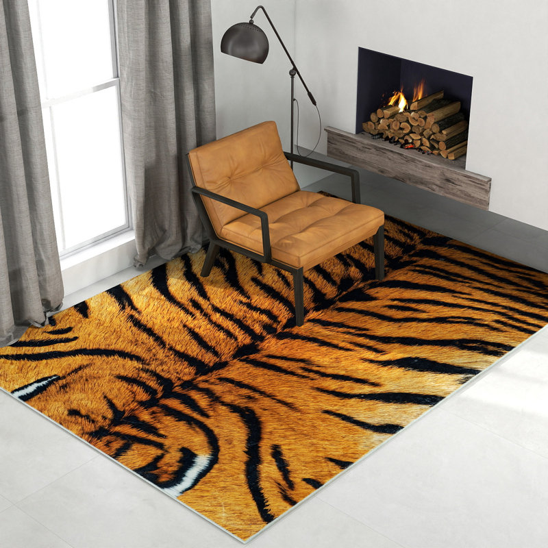 Machine-washable tiger animal print indoor rug with non-slip design, foldable, suitable for living rooms, bedrooms, and dormitories.