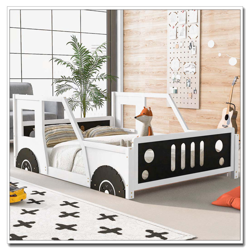 Lit plateforme en forme de voiture avec roulettes, Blanc