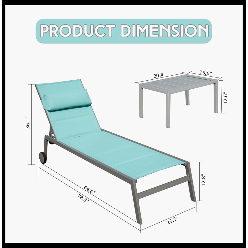 Outdoor Patio Chaise Lounge Set Of 3, High-Quality Aluminum Pool Lounge Chairs With Side Table & Smooth Wheels, PVC-coated polyester Padded Adjustable Recliners With All-Weather Durability For Poolside, Beach, Yard & Balcony (Lake Blue)