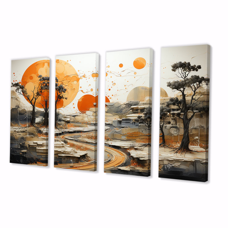 «Orange Sunset Abstract Landscape Stream II - Abstract Landscape», art mural 4 pièces, H 32 po x l 64 po