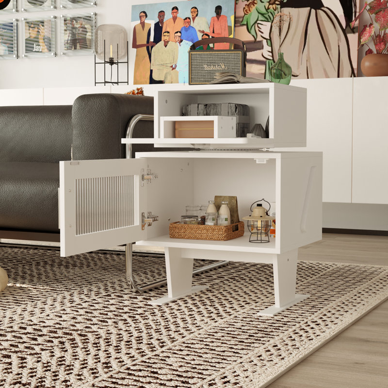 Modern Robot-Style End Table With 360-Degree Rotating Head | High-Quality MDF Construction & Transparent Vertical Stripe Glass Doors | Compact Storage & Contemporary Design For Small Spaces