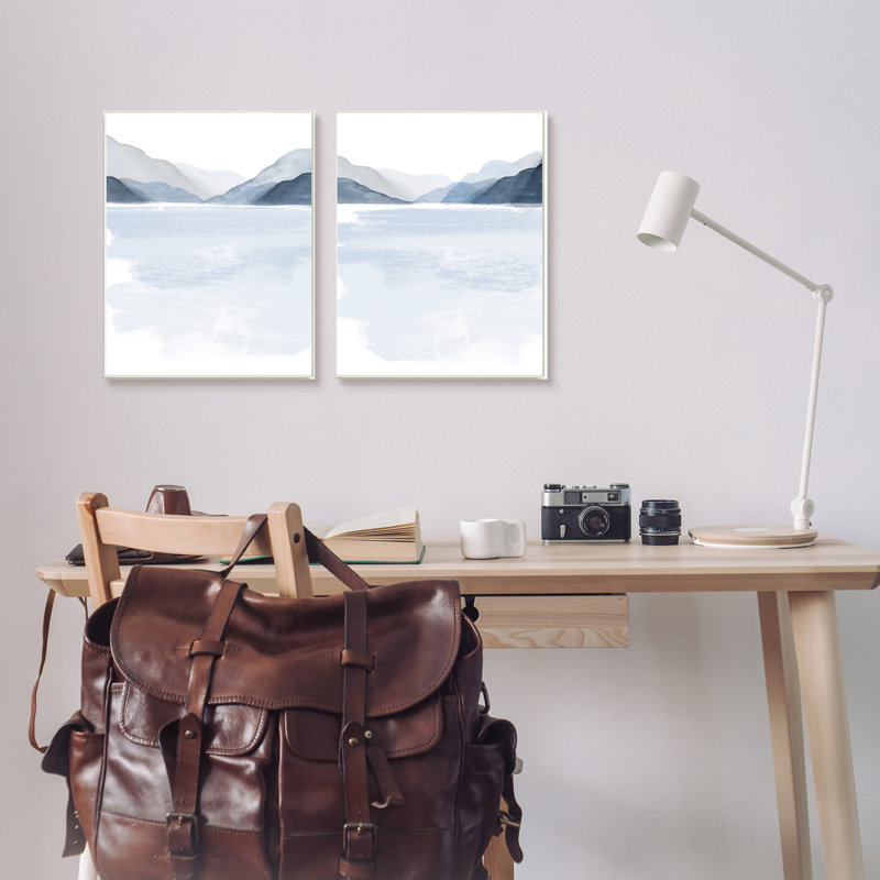 «Coastal Mountain Range Landscape Soft Watercolor Blue Scene», ensemble de 2 impressions, Plaque murale