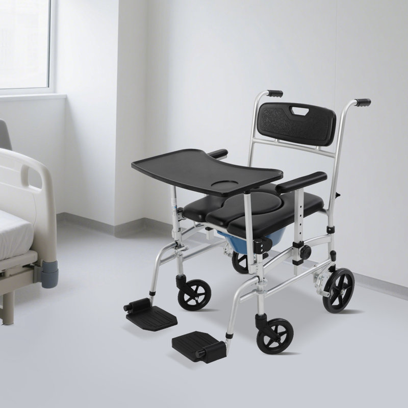 Bedside Commode Wheelchair with Wheels & Brakes Adjustable Height, Removable Tray Table, Toilet Bucket & Lid 220LBS Capacity