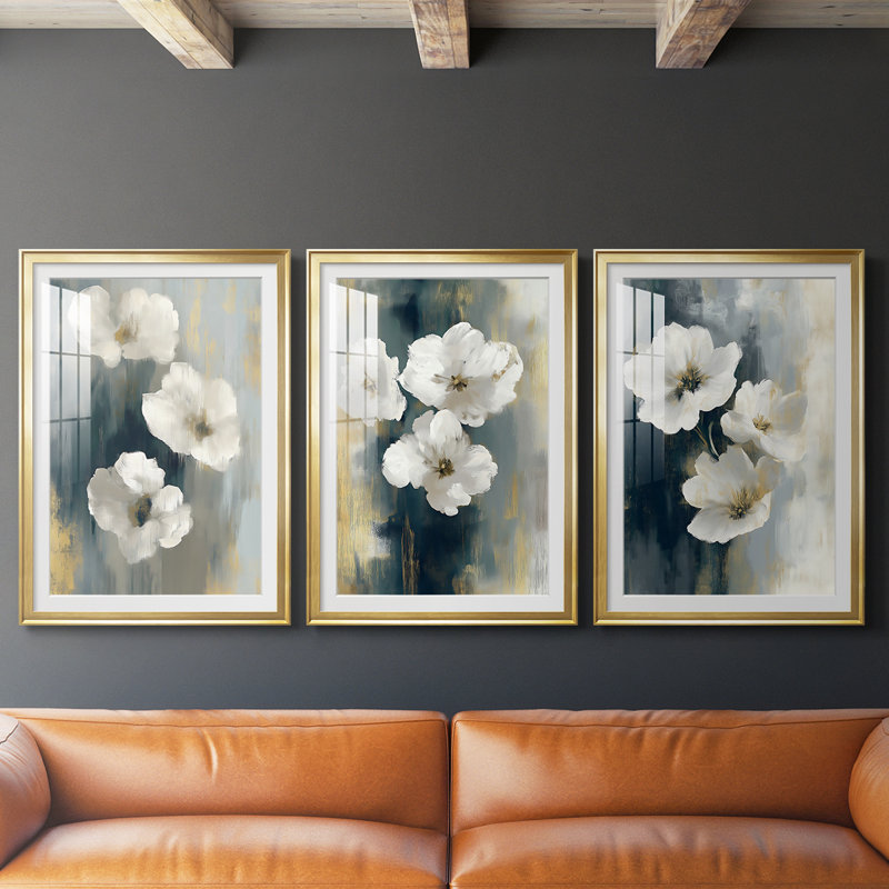 Série FLORAL dxviii - impression encadrée sur mesure de qualité supérieure - 3 pièces, H 15 po x l 19 po, Doré