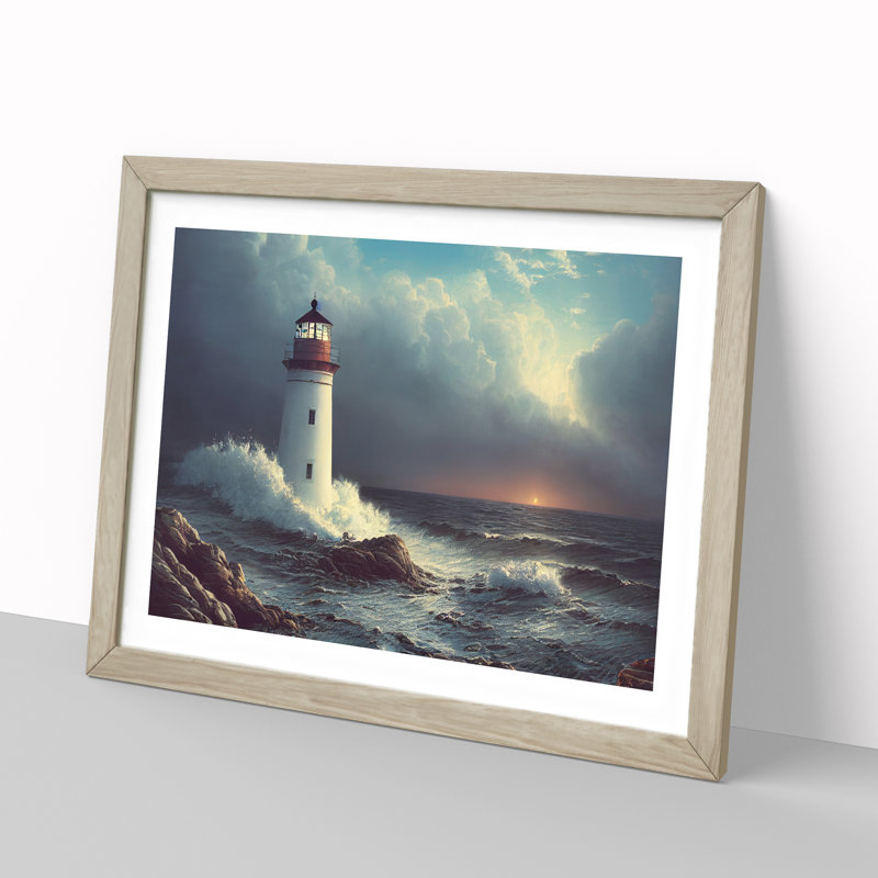 Interesting Lighthouse Seascape - Framed Print, 46cm H x 64cm W x 2cm D, Oak