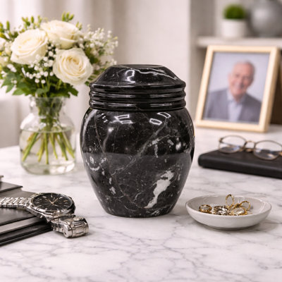 Marble Cremation Urn for Small Portion of Ashes, Black Zebra