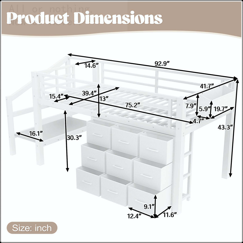 Twin Low Loft Bed with Multi-Storage System and Integrated Lights, Light White