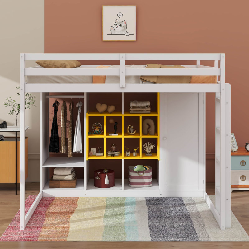 Full-Scale Raised Loft Bed Featuring Closet, Racks, White/Yellow