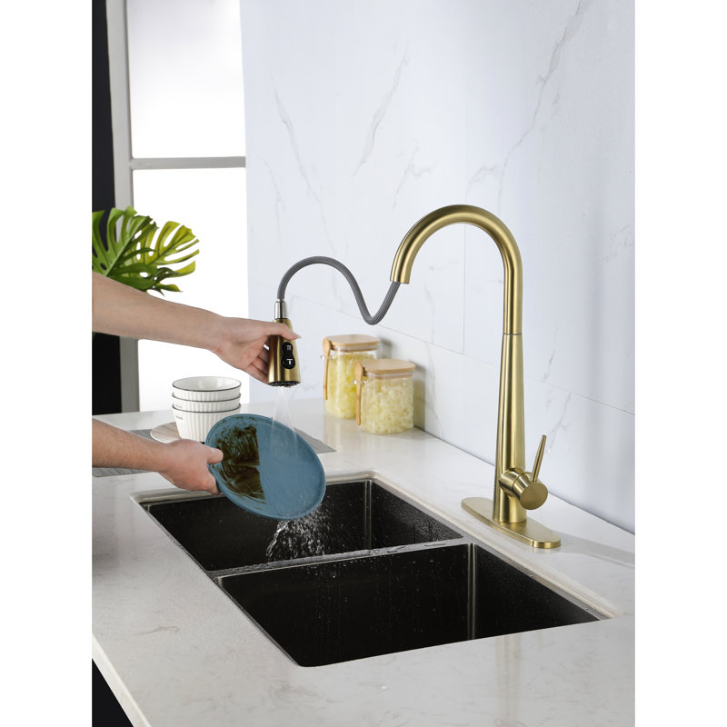 Robinet d'évier de cuisine avec poignée simple et tirette en acier inoxydable doré brossé - rotation de la buse à arc élevé sur 360 °, réglages du débit / débit / débit d'eau pour diverses applications, température facile