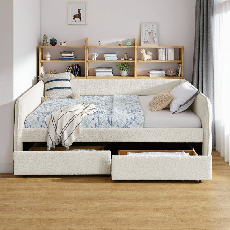 Bouclé Upholstered Queen Daybed with Pull-Out 2 Storage Drawers, Beige, Beige