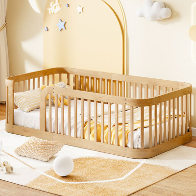 Wood Twin Size Wood Floor Bed Frame with Fence, Natural
