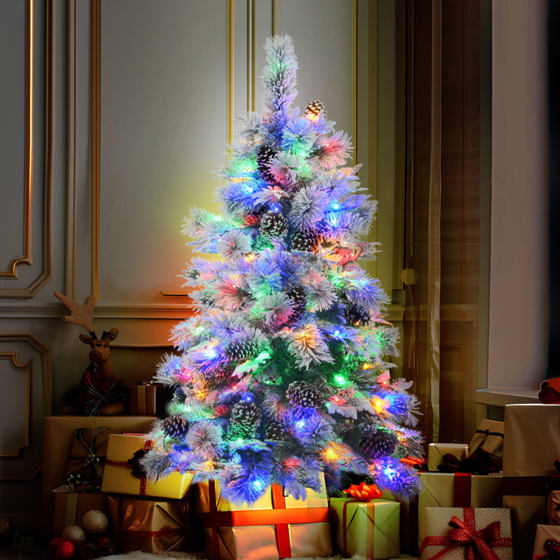 Arbre de Noël enneigé 4 pi avec pommes de pin, 170 branches, 120 lumières DEL et 11 modes de clignotant pour un décor festif