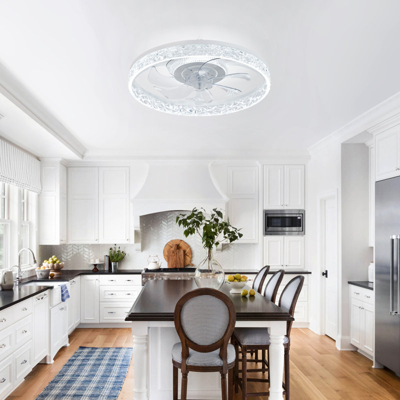 Indoor Flush Mount Ceiling Fan With LED Light And Remote Control, White