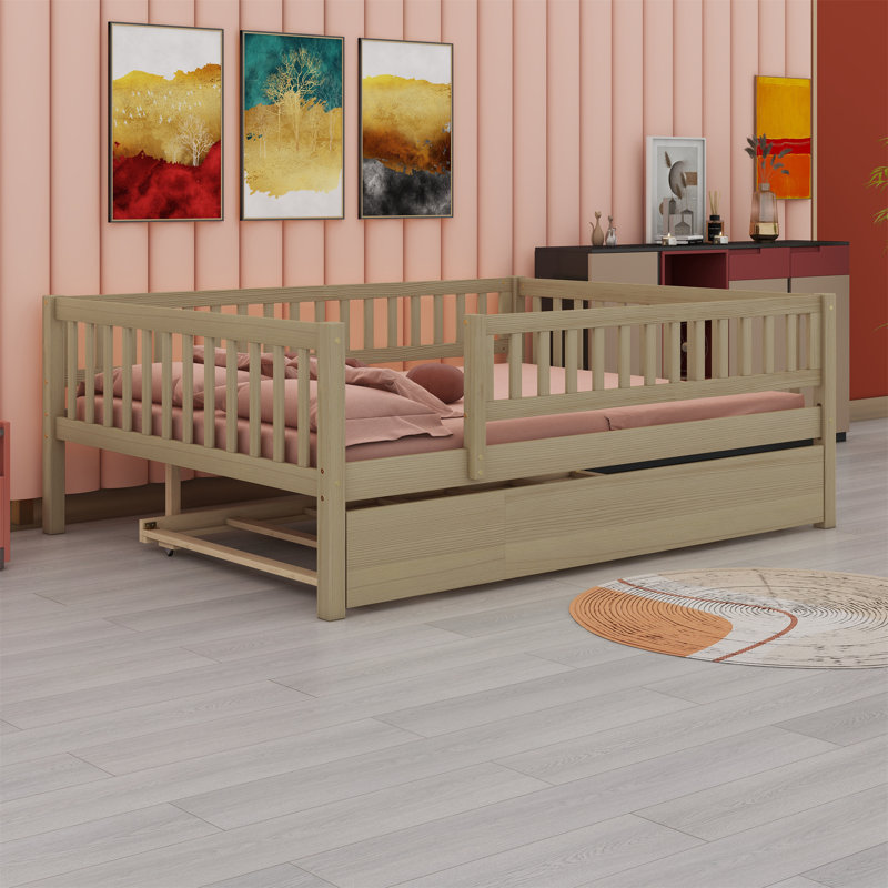 Wood Daybed With Trundle And Fence Guardrails, Natural