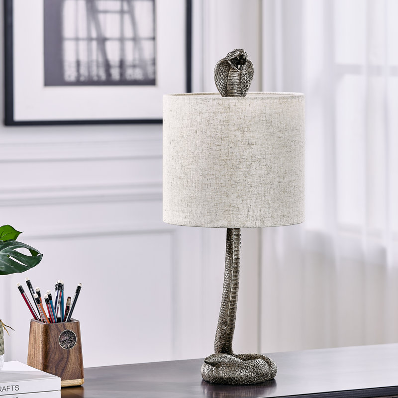 Lampe de table 23 po en résine de bronze avec abat-jour en lin Cobra, Tanné, Brun